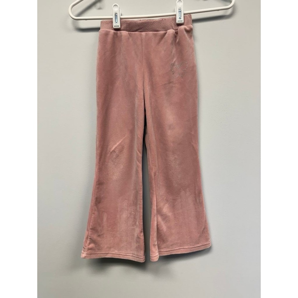 Girls Size 5 Pink Velour Flare Pants Rhinestone Butterfly Pull-On Bell Bottom
